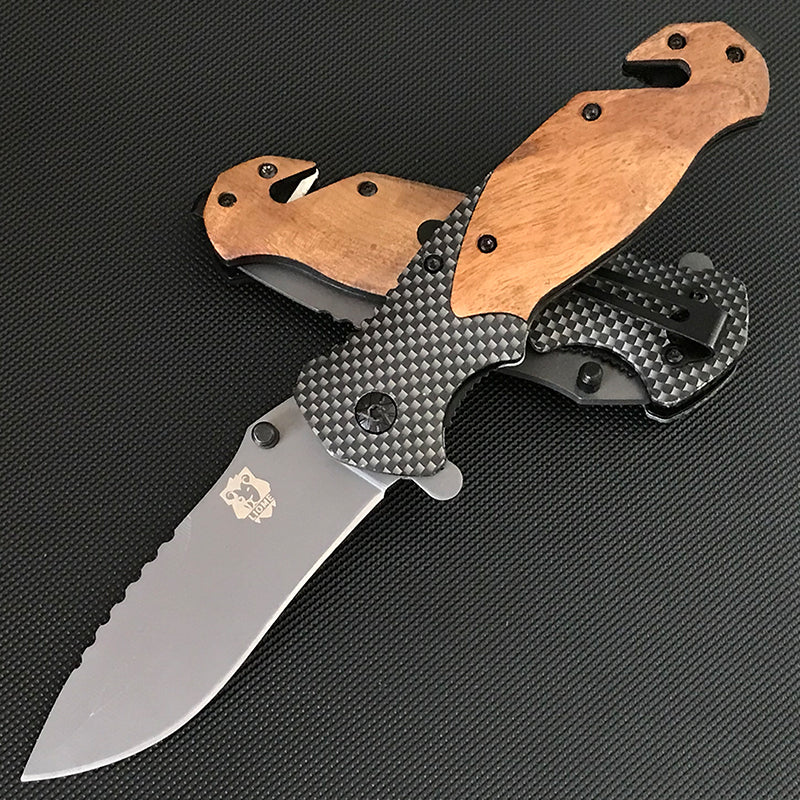 LIOME X50 Multifunctional Wooden Handle Tactical Folding Knife Outdoor Camping Survival Security Defense Pocket Knives EDC Tool